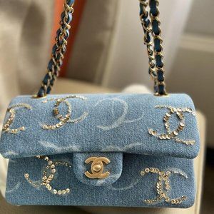 Chanel Classic Flap Bag Small Denim Embroidered CC Sequin Detail Gold 23K